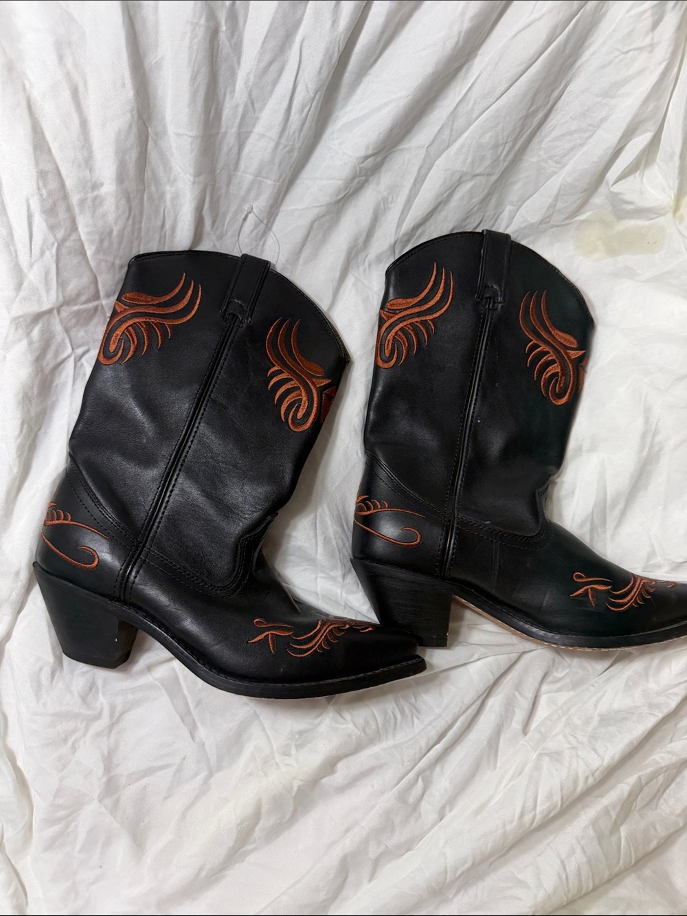 Black Western Heeled Boots with Rust Embroidery - Women's Fashion